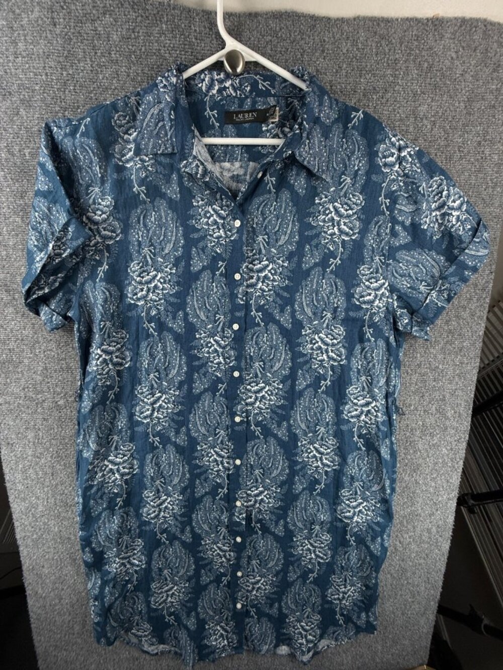 NWD Lauren Ralph Lauren All Linen Floral Belted Linen Shirtdress Size 16 Blue